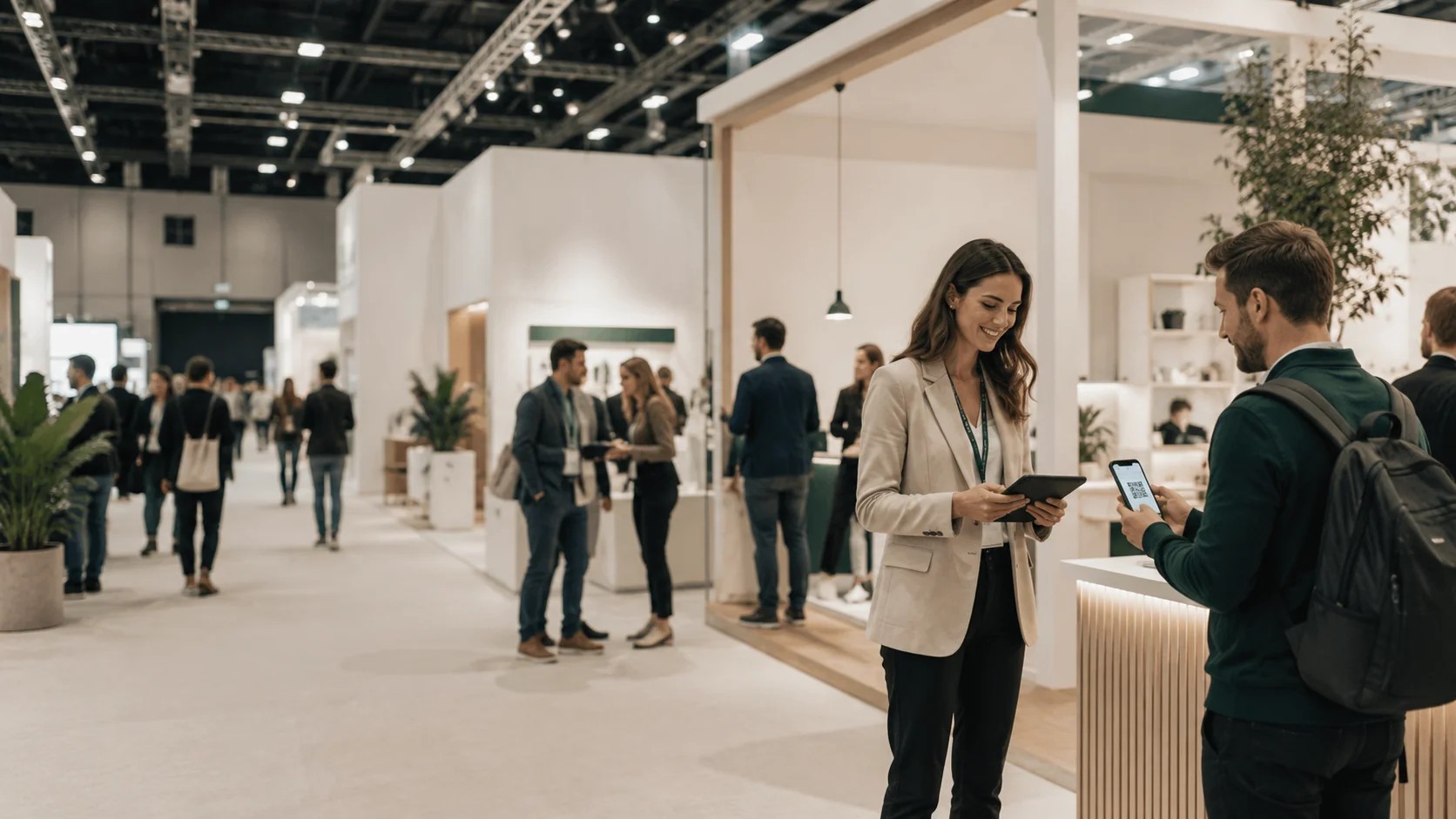 Two exhibitors talking to a visitor at their trade-show stand